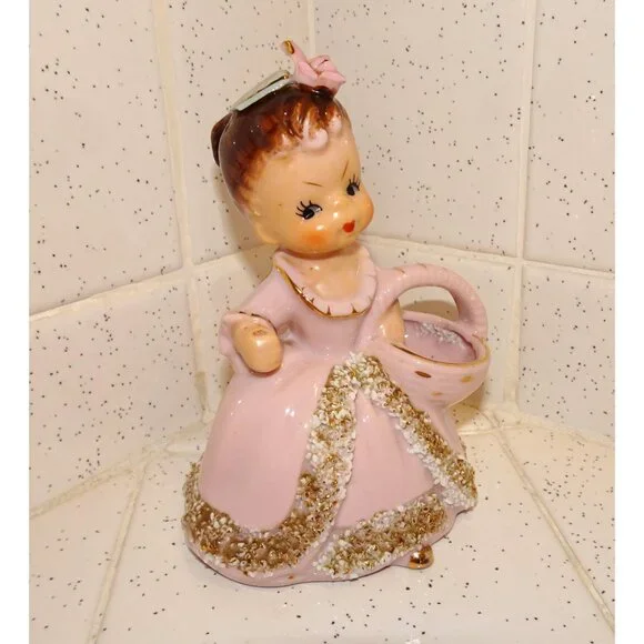 Vintage Ucagco Ceramic Women in Pink Dress w/ Basket Figurine antique lady - Picture 3 of 16